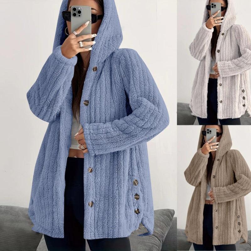 Women's Solid Color Long Sleeve Hooded Loose Plush Coat