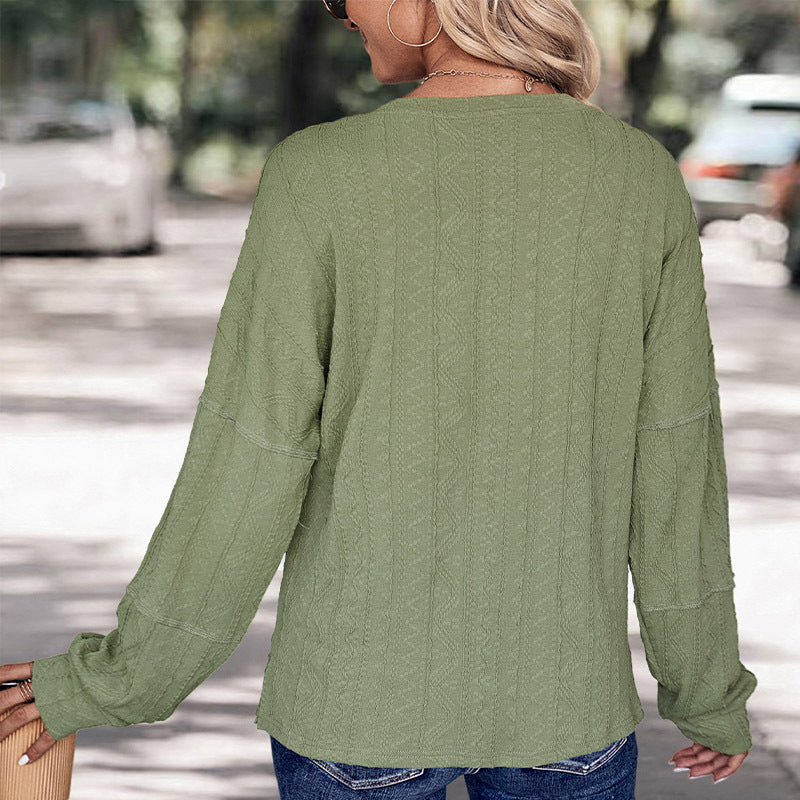 Crew Neck Casual Green Button Jacquard Sweater