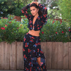 Printed Long Sleeve Short Top Design Ruffled Slit Sheath Skirt Two-piece Set