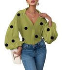 Niche Fashionable French Polka Dot Half-open Collar Design Loose Bubble Long Sleeve Top